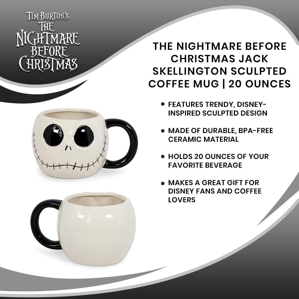 Nightmare Before Christmas Jack Skellington 20-Ounce Coffee Mug - Oversized Ceramic Drinkware for Hot & Cold Beverages