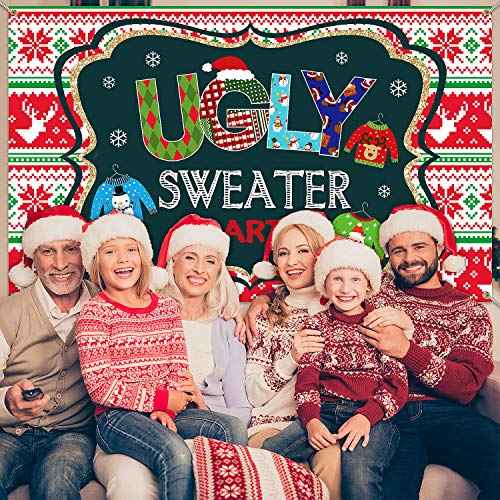 Blulu Ugly Sweater Party Supplies Large Fabric Red and Green Ugly Xmas Sweater Party Backdrop for Christmas Decoration Winter Elfed Photo Booth Background Banner