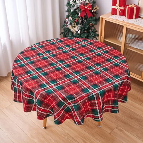 VEDACHIC V65 Christmas Red Green Plaid Round Tablecloth 60 Inch Waterproof Holiday Decor