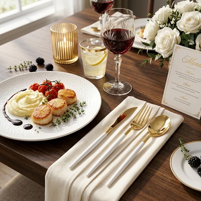 300 Pcs Gold Plastic Silverware Set with White Handles - Disposable Flatware