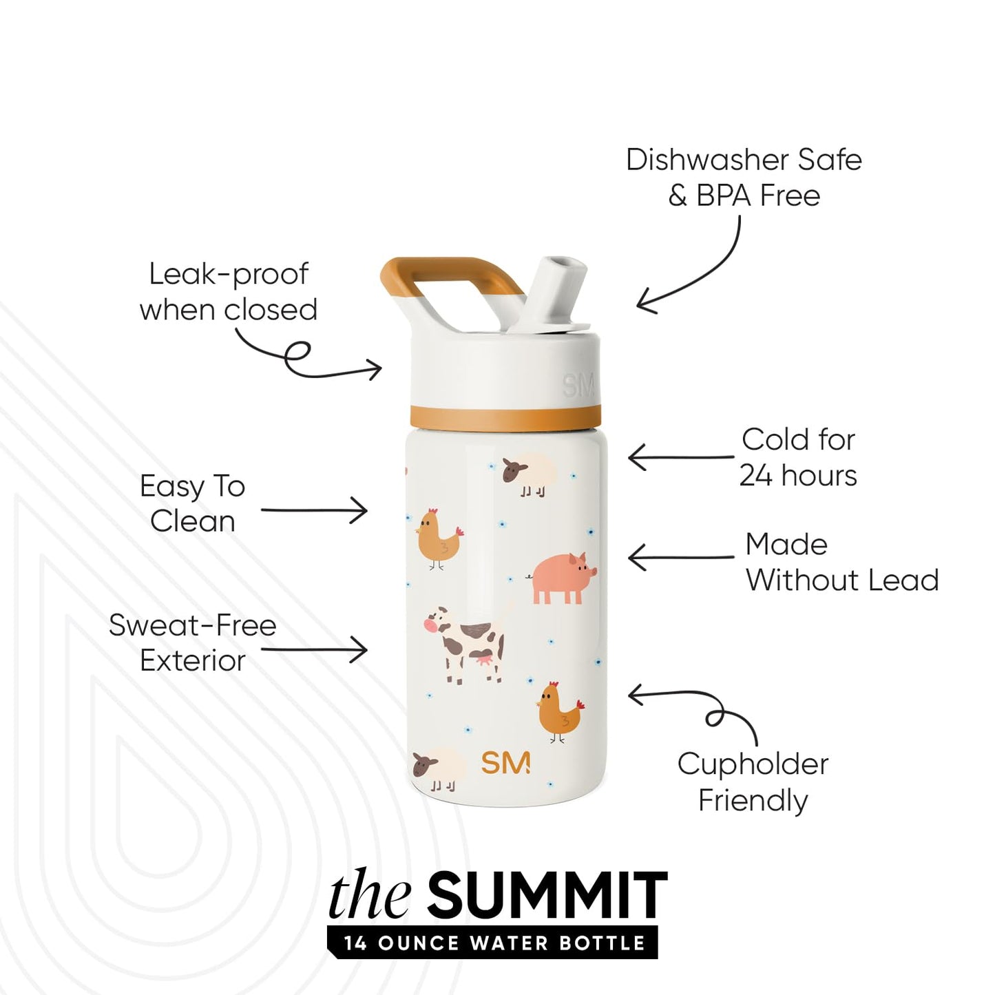 Simple Modern Kids Summit Water Bottle with Straw Lid | 14oz Stainless Steel Cup Insulated Tumbler for Toddlers, School | Farm Animals
