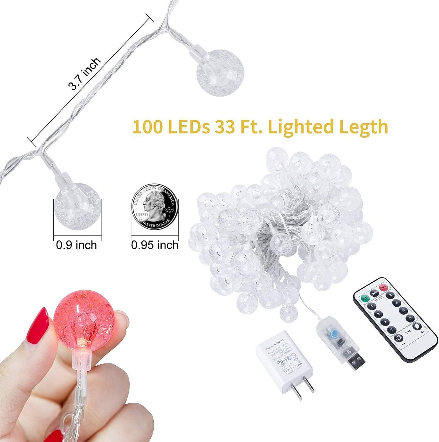 Minetom Crystal Globe String Lights - 33 Ft 100 LED Waterproof Fairy Lights with Remote & Timer | Warm White for Bedroom, Patio & Party Decor