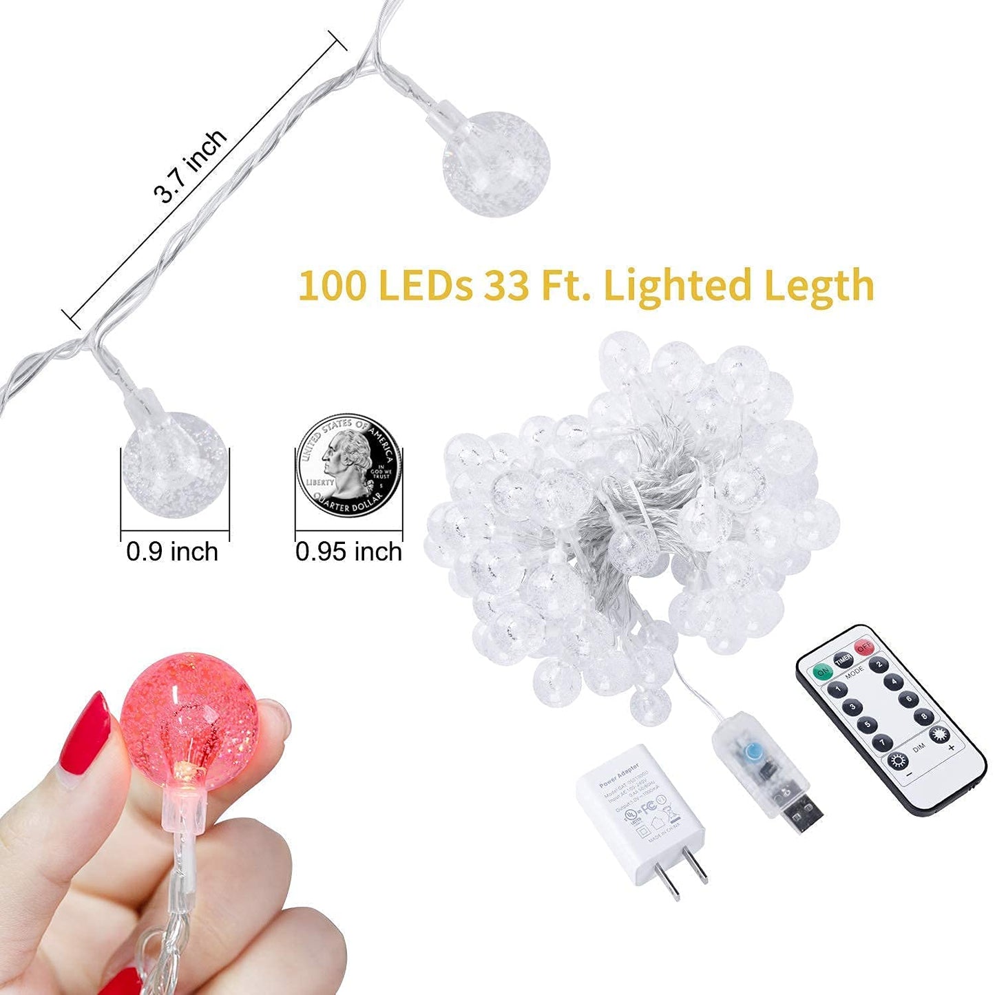 Minetom Crystal Globe String Lights Plug in - 33 ft 100 LED Globe Fairy String Lights with Remote and Timer, Waterproof for Bedroom Tent Loft Bed Window Porch Patio Party Holiday Decor, Warm White