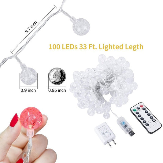 Minetom Crystal Globe String Lights Plug in - 33 ft 100 LED Globe Fairy String Lights with Remote and Timer, Waterproof for Bedroom Tent Loft Bed Window Porch Patio Party Holiday Decor, Warm White