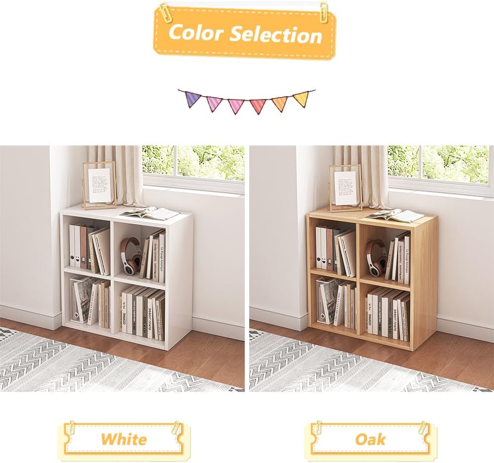 NELY 4 Cube Organizer Bookcase - Stylish White Fabric Storage Bins with Open Shelves