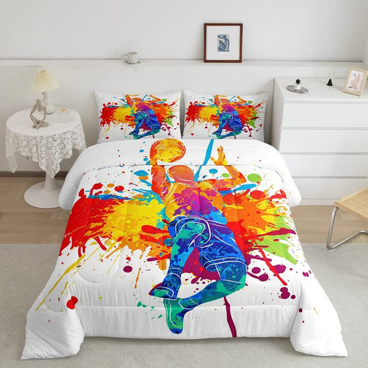 Basketball Bedding Set - Colorful Comforter Set for Kids, Boys, Girls, Teens Room Decor - Gift for Basketball Lovers - Ball Games Duvet Set 3Pcs Queen Size
