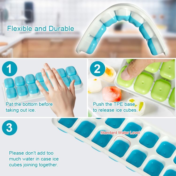 Skiennix Ice Cube Tray - Spill-Resistant Lids, Easy-Release, Stackable | 2 Packs, 28 Cubes, Green & Blue