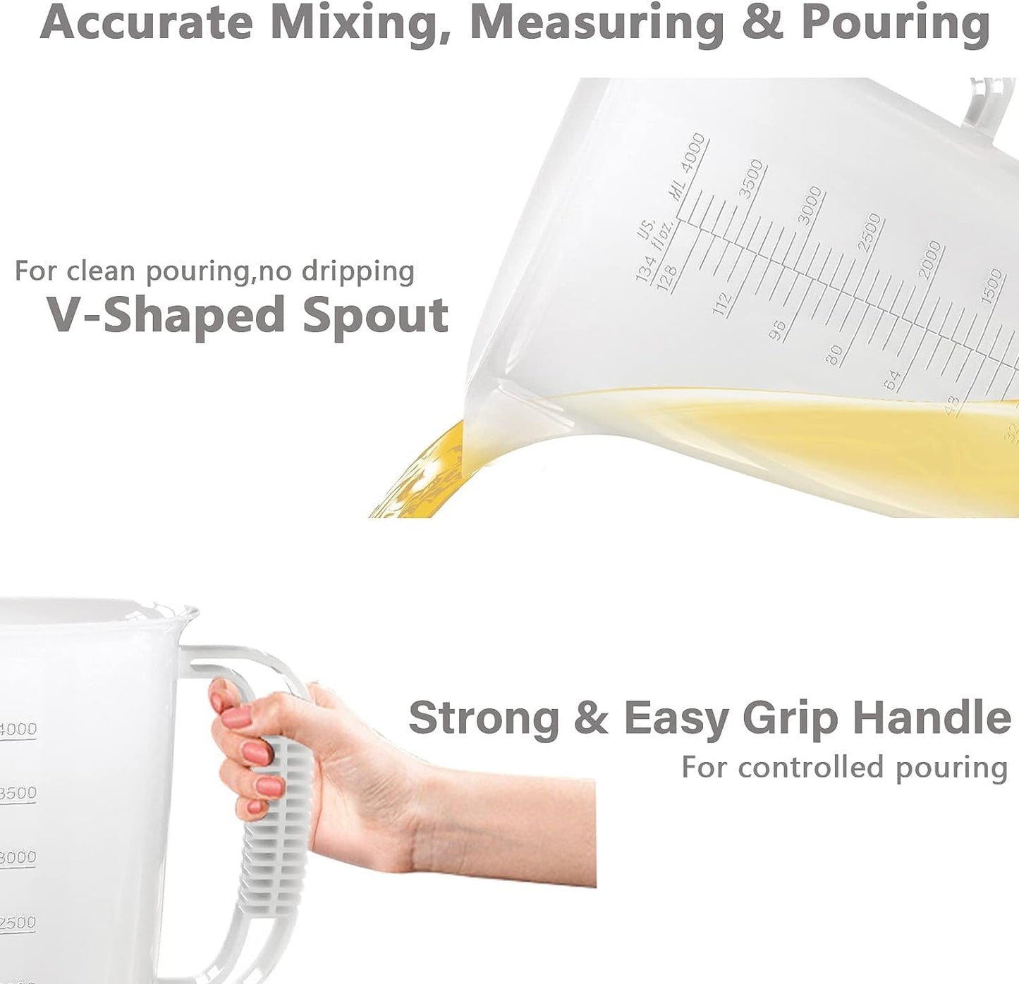 1 Gallon Measuring Pitcher-Convenient Conversion Chart,134oz Extra Large Plastic Measuring Cup-Strong Food Grade Material,Graduated Mixing Pitcher Great for Lawn,Pool Chemicals, Motor Oil and Fluids