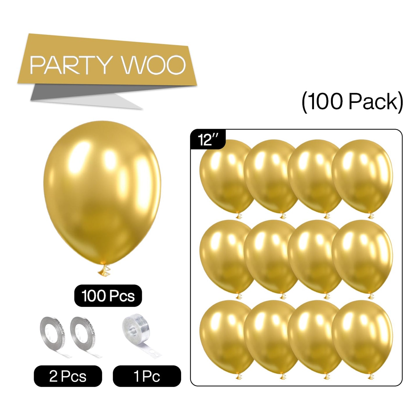 PartyWoo Gold Balloons 100pcs 12 Inch Gold Latex Helium Balloons for Birthday Wedding Anniversary Baby Shower Graduation Bachelorette Retirement Engagement Tea Casino Disco Party Decorations Gold-G101