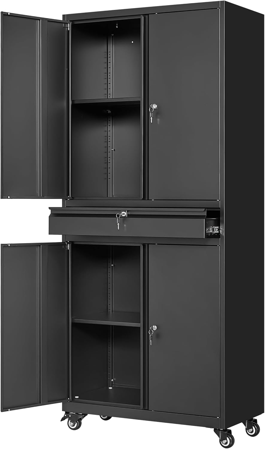 Yizosh Metal Garage Storage Cabinet - Locking Doors, Adjustable Shelves & Rolling Design | 73" Black