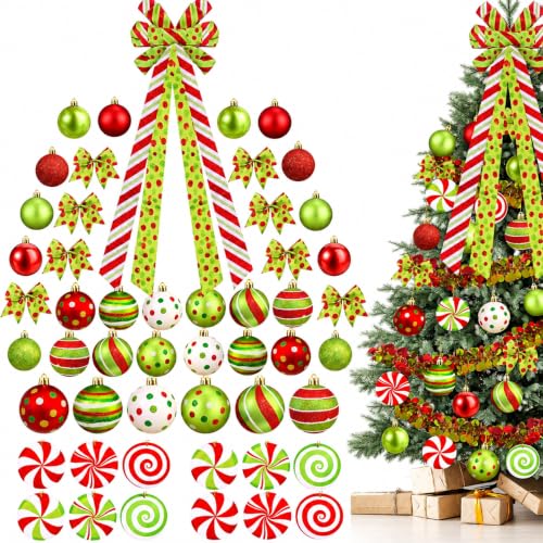 Bailiyake Christmas Tree Decorations Set with Red and Lime Green Ornaments, Wreath Bow & Elf Balls