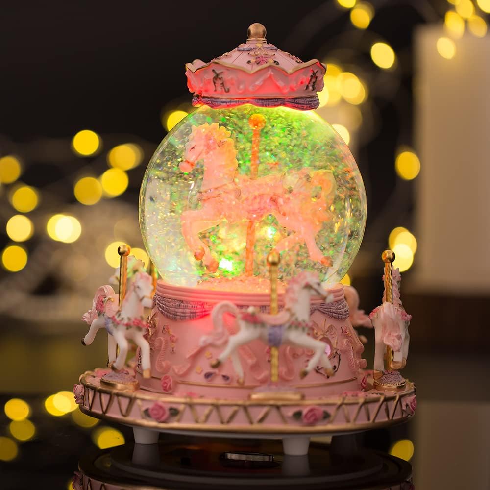 LOVE FOR YOU Musical Snow Globe Carousel | Gift-Wrapped with Ribbon, Colorful Lights & Horses - Perfect for Girls, Women & Kids