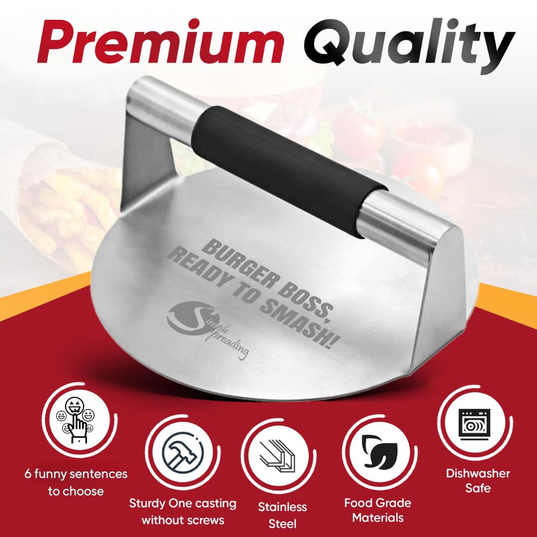 Simple preading Smash Burger Press with Fun Quotes - Stainless Steel Hamburger Smasher for Griddle & Grill Press, Perfect for BBQ, Flat Tops, Patty Making, (5.5" XL, Burger Boss)