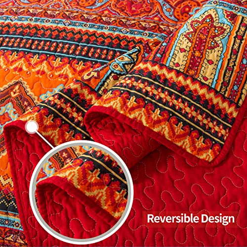 VAPUTAR Boho Striped Red/Orange King Quilt Bedding Set 98x106 inches