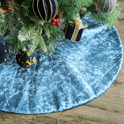 Bunny Chorus Peacock Blue Velvet Christmas Tree Skirt 36 Inch Luxury Holiday Decor