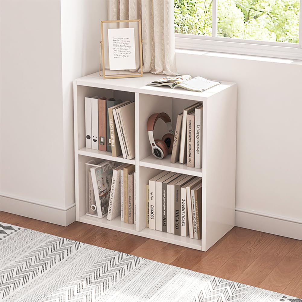 NELY 4 Cube Organizer Bookcase - Stylish White Fabric Storage Bins with Open Shelves