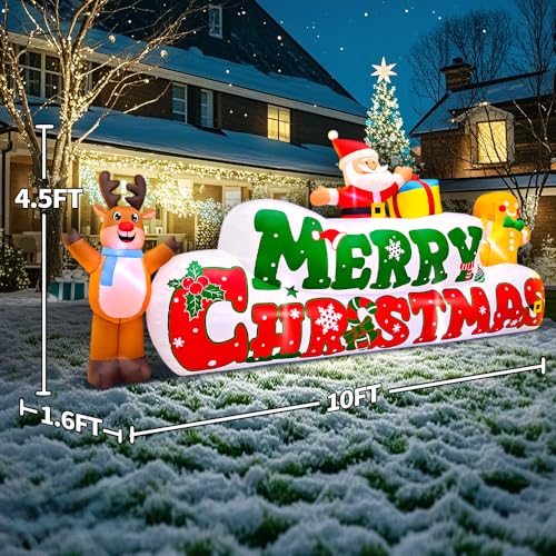 10FT Christmas Inflatable Yard Decoration with Santa, Gingerbread & Reindeer - Built-in LED Lights (Banner Variation)