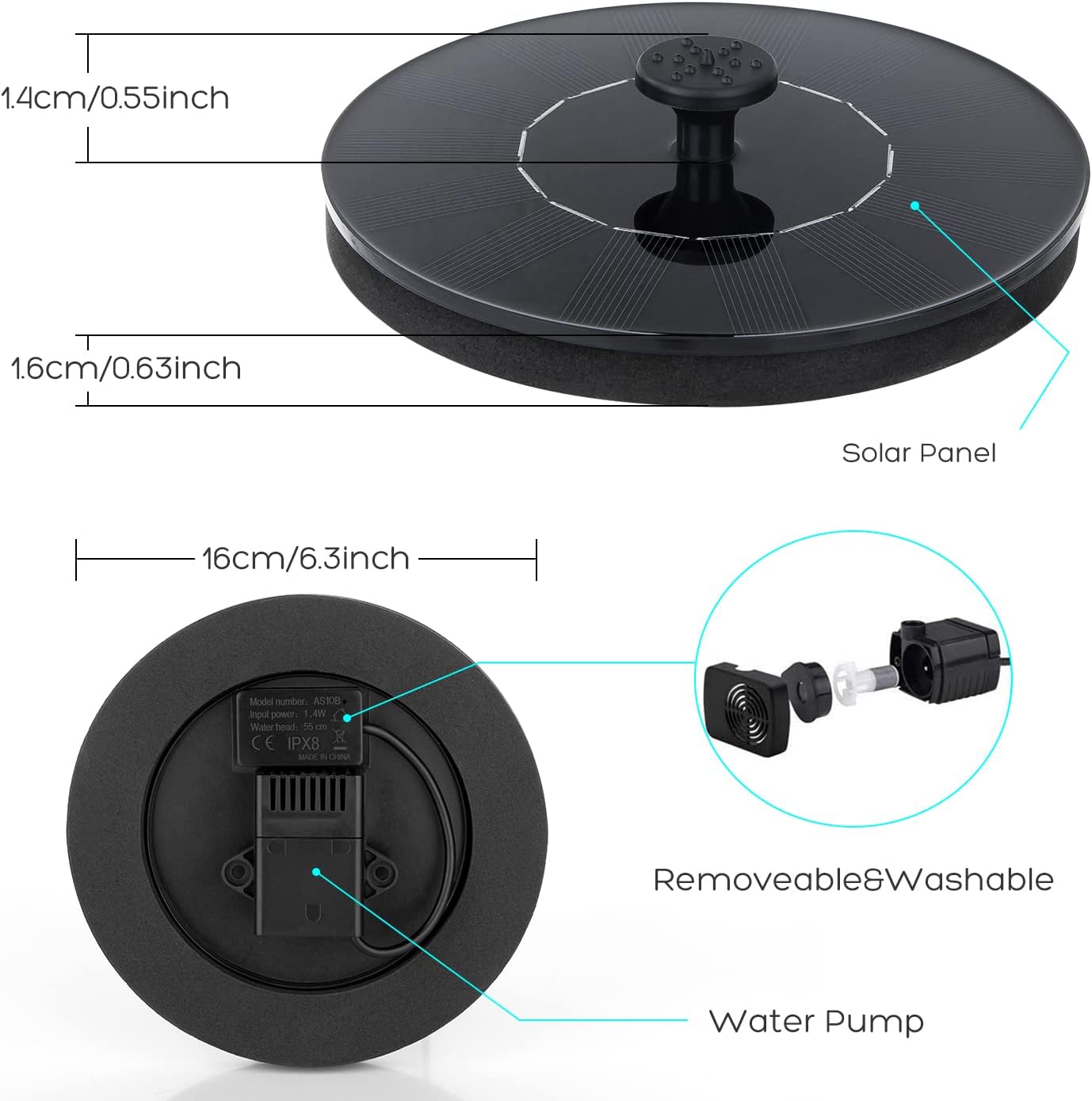 Mademax Solar Fountain Pump - 1.4W Upgrade with 6 Nozzles | Floating Bird Bath Water Feature for Garden & Pond