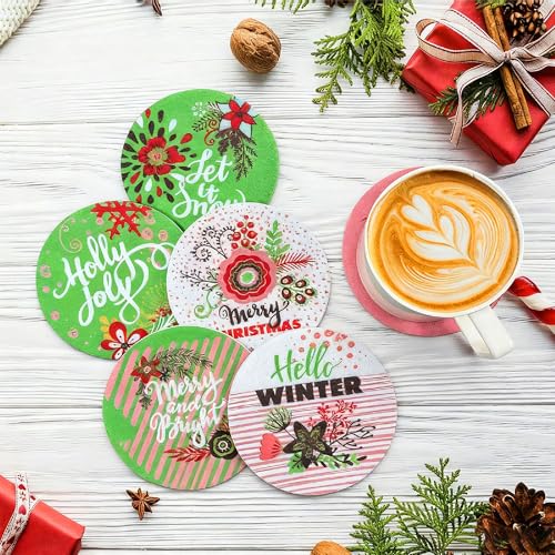 LIBERATECH 8977 Christmas Felt Coasters Set - Holiday Drink Protectors, 6 Pack