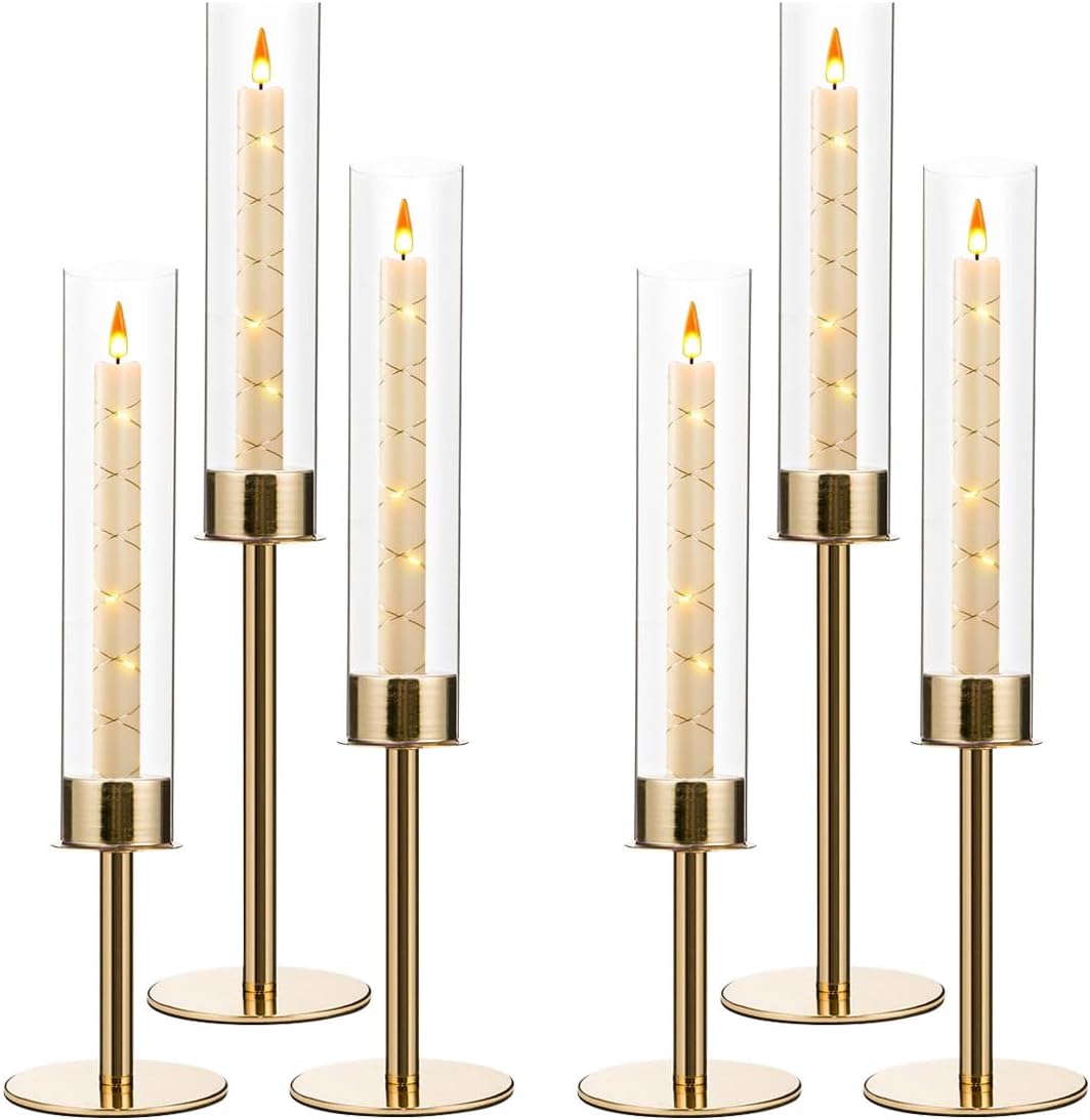 VINCIGANT 6PCS Acrylic Candle Holders - Elegant Metal Tall Holders with Lampshade for Weddings & Parties | Gold