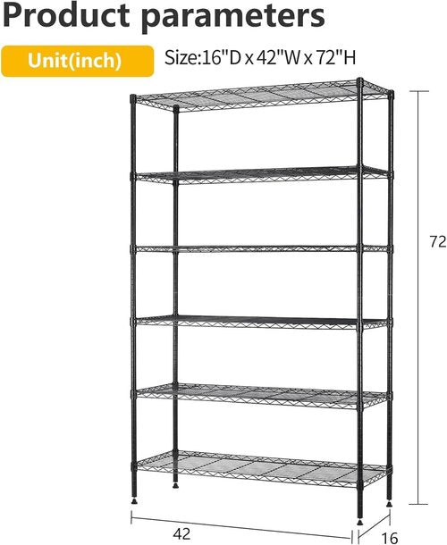 BestOffice | Heavy-Duty 6-Tier Wire Storage Shelves | 42x16x72 | Black | Adjustable Racks | Tool-Free Assembly, Holds Up to 1500 lbs