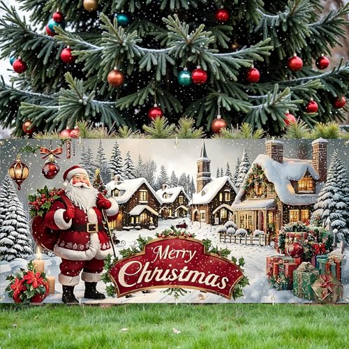 THISFIND 16x7 Ft Santa Christmas Village Banner for Garage Door Display - Holiday Yard Decor