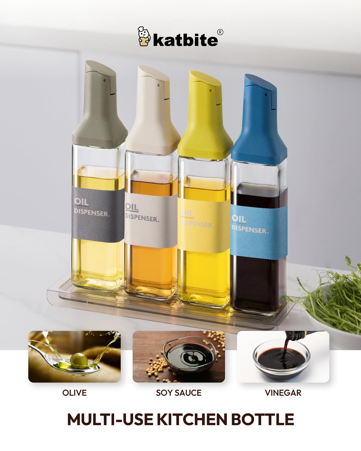 katbite 16oz Glass Olive Oil Dispenser Bottle for Kitchen Cooking - Leakproof Kitchen Essential with Precise Pouring Spout for Salad, Air Fryer, BBQ, Non-Stick Pans, Easy Refill and Use, Light Grey