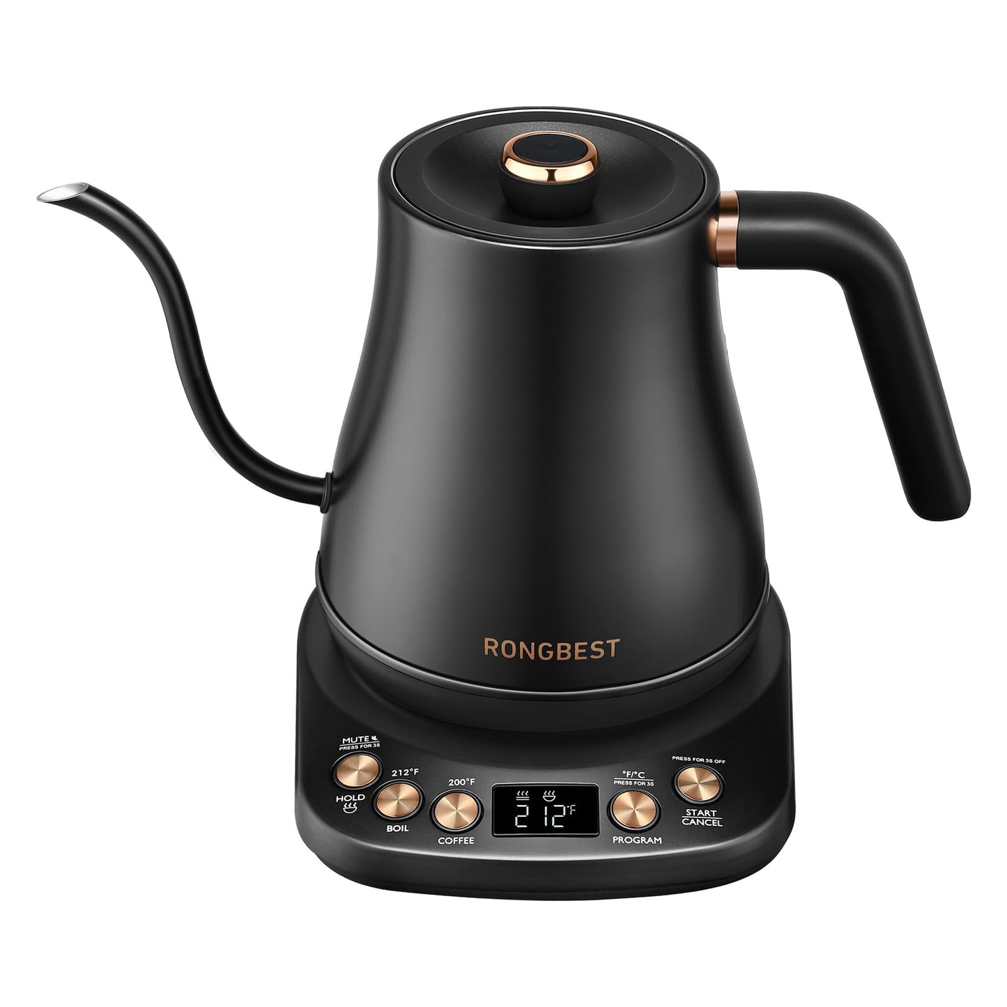 RONGBEST Electric Gooseneck Kettle 1L, 6 Temperature Presets, 1200W Quick Heating Water Pour Over Coffee & Tea Pot with Auto Shut-off & Keep-warm, Stainless Steel Inner & Lid, Matte Black