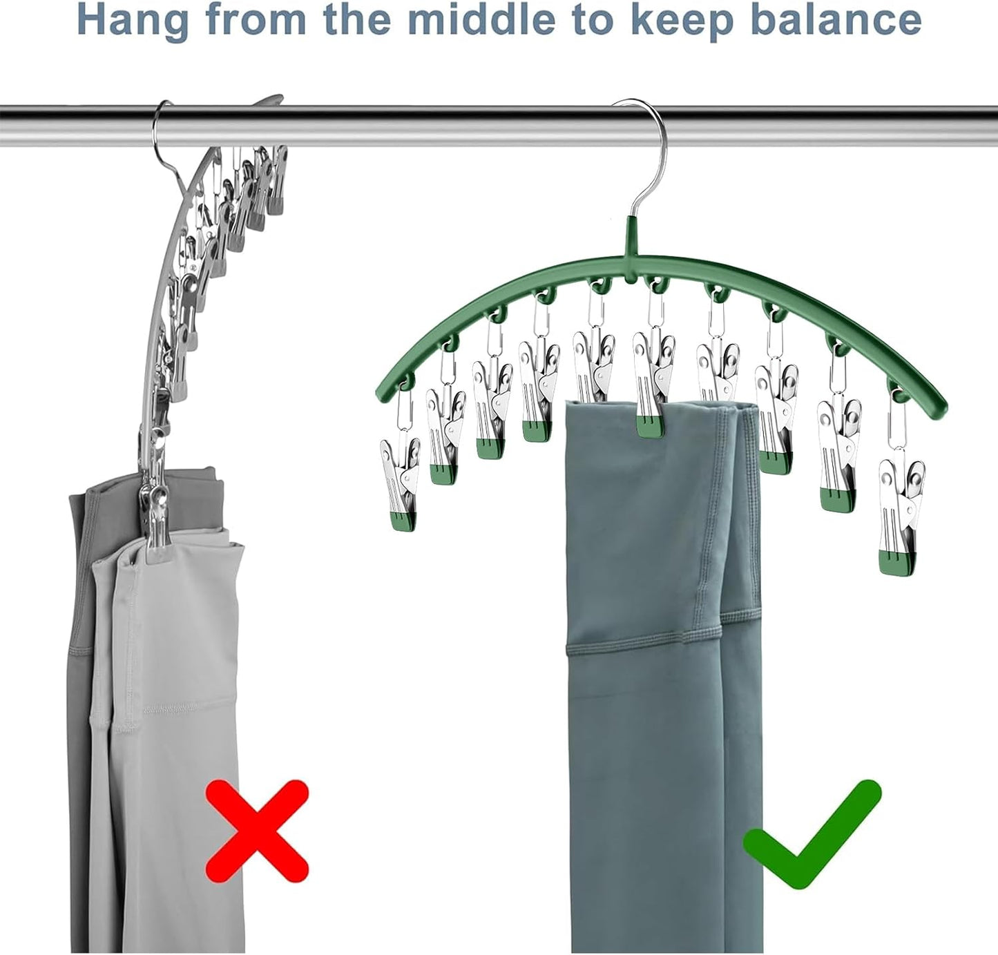 Skiennix Legging Organizer - Metal Yoga Pants Hangers with 10 Clips | Space-Saving Closet Storage, Green - Holds 40 Leggings