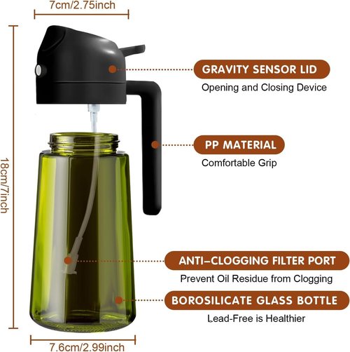 Glass Olive Oil Sprayer by [Brand Name] - 2-in-1 Dispenser for Cooking, Air Fryer, BBQ | 16oz Black