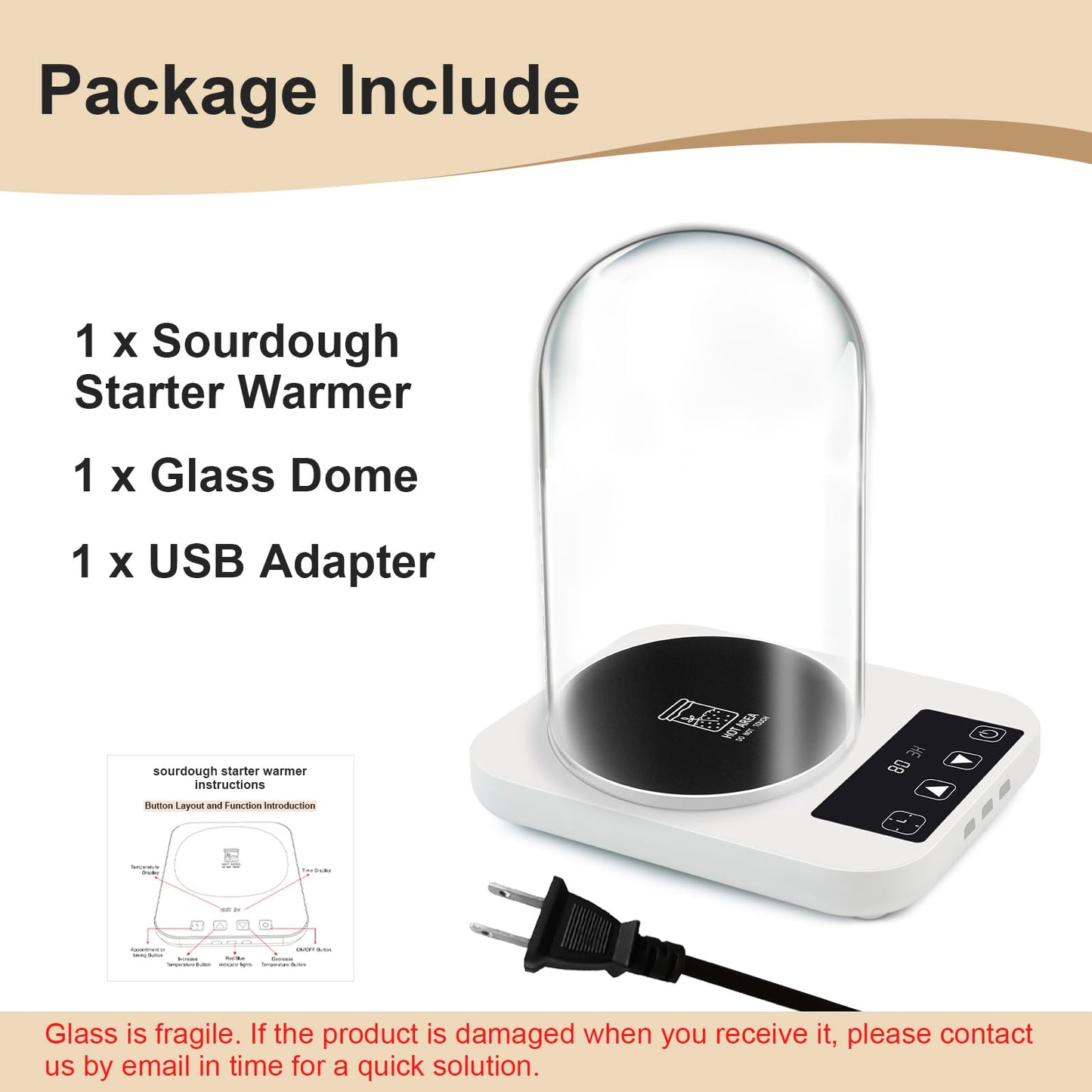 Sourdough Starter Warmer with Glass Dome, 1°F Precise Temperature Control from 70 to 100°F, 0-12H Timer Auto Warming ON/Off, Sour Dough Heating Mat and Glass Cover Set for Baking Fermentation