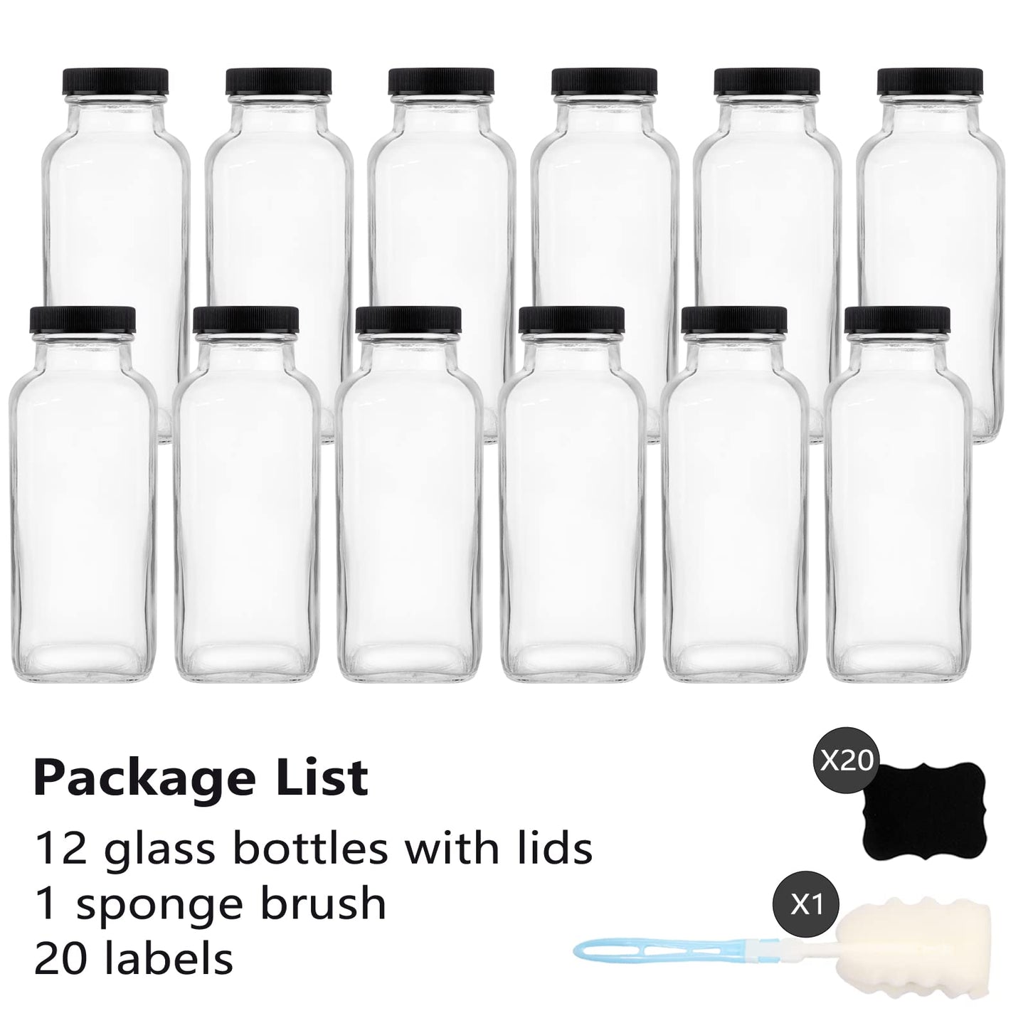 GUANENA 12 Pack Glass Drink Bottles, 12 OZ Vintage Square Water Bottles with Lids, Juice Bottles Beverages Containers for Milk, Kombucha, Smoothies