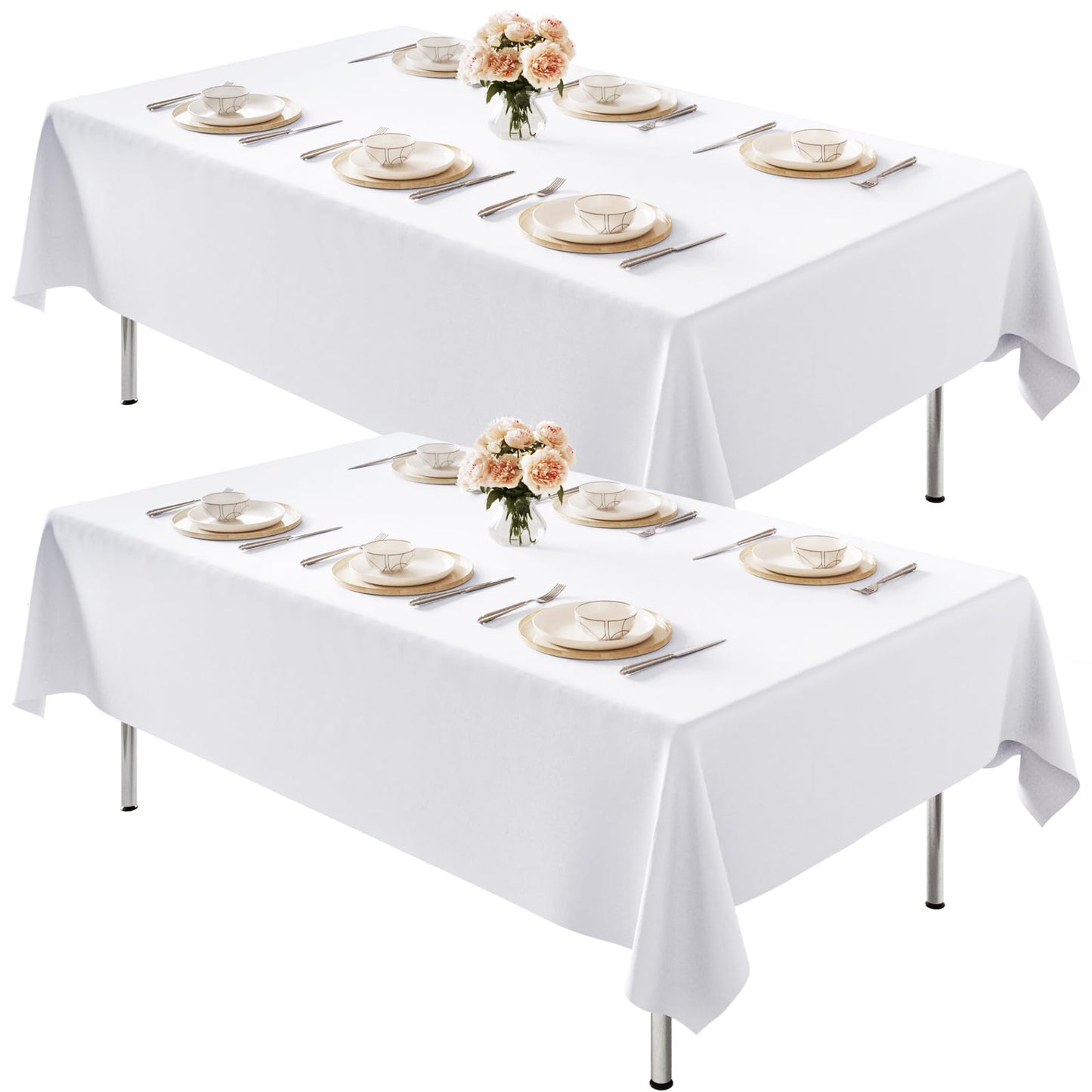 Fixwal White Tablecloth Rectangle 70 x 120 Inch, 2 Pack 6-8ft Polyester Brushed Fabric Table Cloths Rectangular Table Covers for Party, Banquet, Dining, Birthday, Wedding