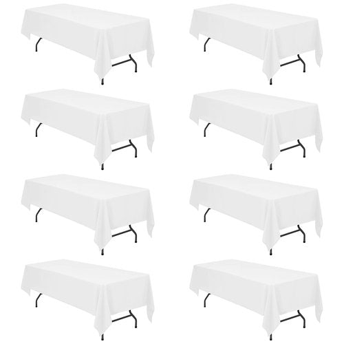 BRILLMAX 8 Pack White Tablecloths 60 x 126 Inch for 8ft Rectangle Tables - 150 GSM Polyester Fabric, 15" Standard Drop, Water, Stain & Wrinkle Resistant Cloth Cover for Wedding Banquet Dining Buffet