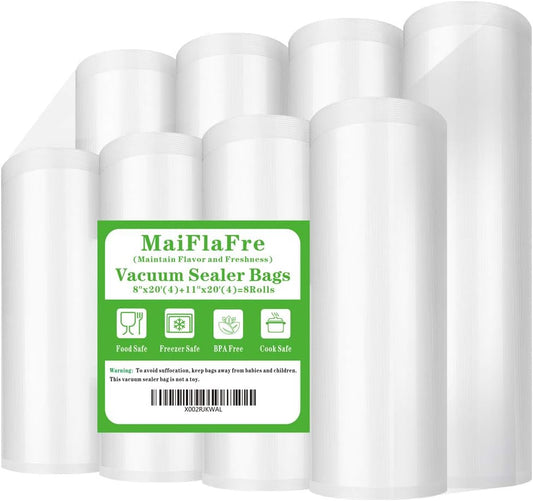 8 Pack 8"x20'(4Rolls) and 11"x20' (4Rolls) Vacuum Sealer Bags Rolls with BPA Free, Heavy Duty.Vacuum Sealer Bags Rolls Compatible with Any Types Vacuum Sealer