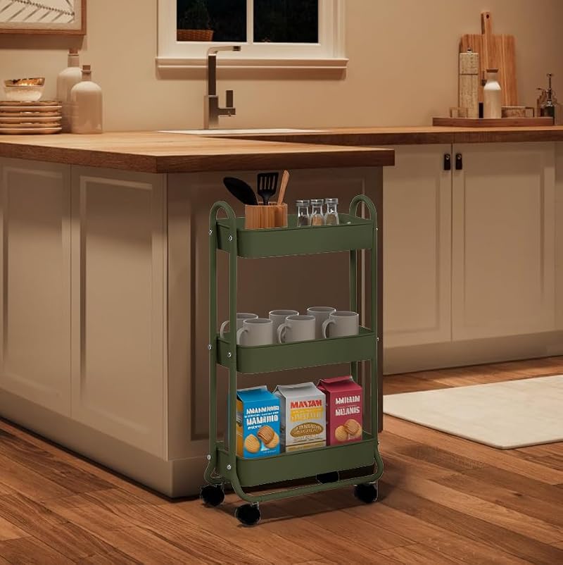 SunnyPoint Army Slim Rolling Storage Cart 3-Tier Bathroom & Laundry Organizer