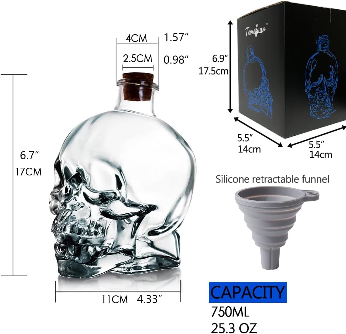 Skiennix Skull Decanter - Lead-Free Glass with Cork Stopper | Unique Halloween Decor for Whiskey & Wine (750ML)