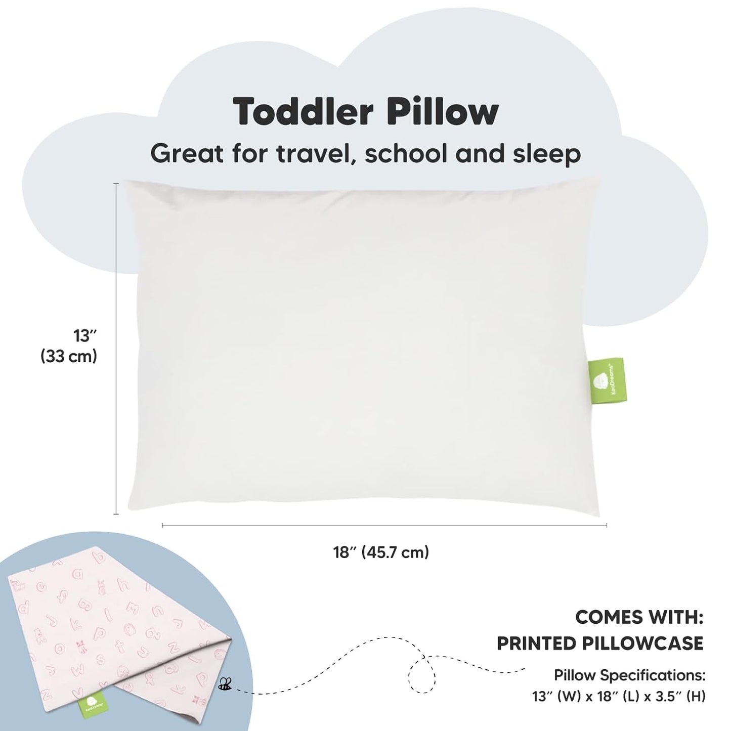 My Little Dreamy Toddler Pillow - Organic Cotton Travel Bed Pillow with Soft Pillowcase | 13x18, Machine Washable, Ages 2-5 (ABC Land Rose)