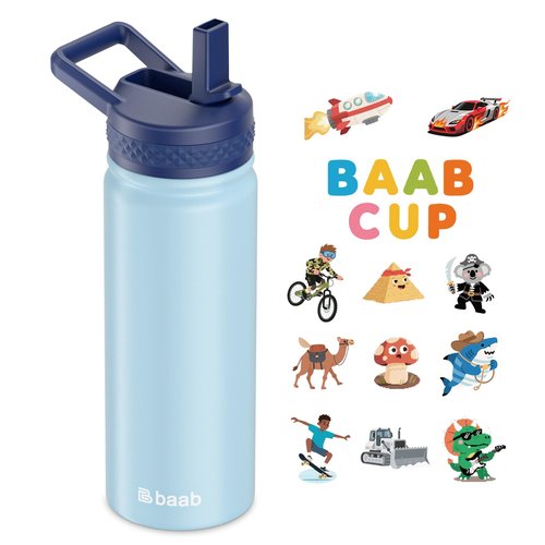 baab 18oz Kids Water Bottle, Insulated Water Bottle with Straw & Stickers, 18/8 Stainless Steel Vacuum Leakproof Kids Water Straw Cup for School, Perfect for Boy Girl (Light Blue, 1 Pack)