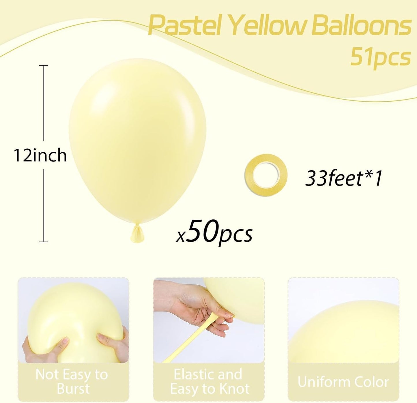 Pastel Yellow Balloons - 12 Inch Light Yellow Latex Balloons | 50pcs for Gender Reveal & Baby Shower Decorations