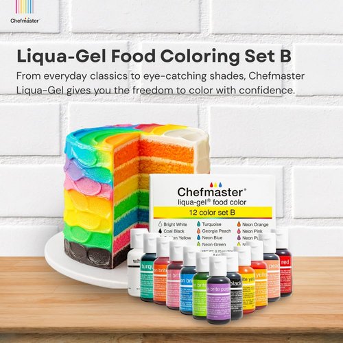 Chefmaster - Liqua-Gel Food Coloring - 12 Color Set B - Fade Resistant - 12 Pack - Vibrant, Eye-Catching Colors, Easy-To-Blend Formula, Fade-Resistant - Made in the USA
