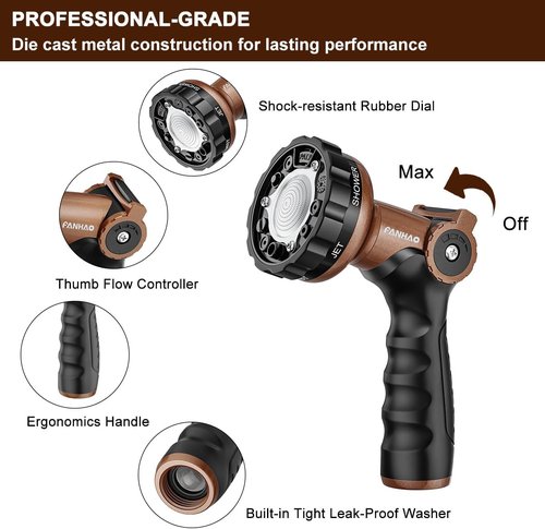 FANHAO Heavy Duty Garden Hose Nozzle - Metal Sprayer with 6 Adjustable Patterns & Thumb Control