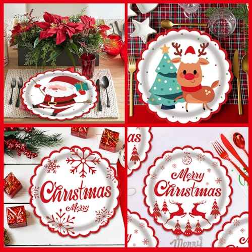 48 Pack Christmas Paper Plates Disposable 7 Inch - 4 Assorted Designs with Santa, Reindeer & Holiday Greetings - Heavy Duty Red & White Holiday Plates for Christmas Party Supplies, Dinner, Dessert