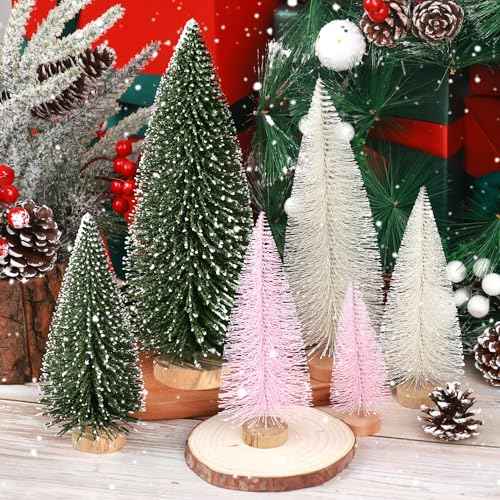 6pcs Mini Christmas Trees Christmas Decor, Artificial Christmas Mini Bottle Brush Trees Tabletop, Christmas Decoration Trees with 4 Size Xmas Holiday Decor (6pcs Green+Pink+Beige)