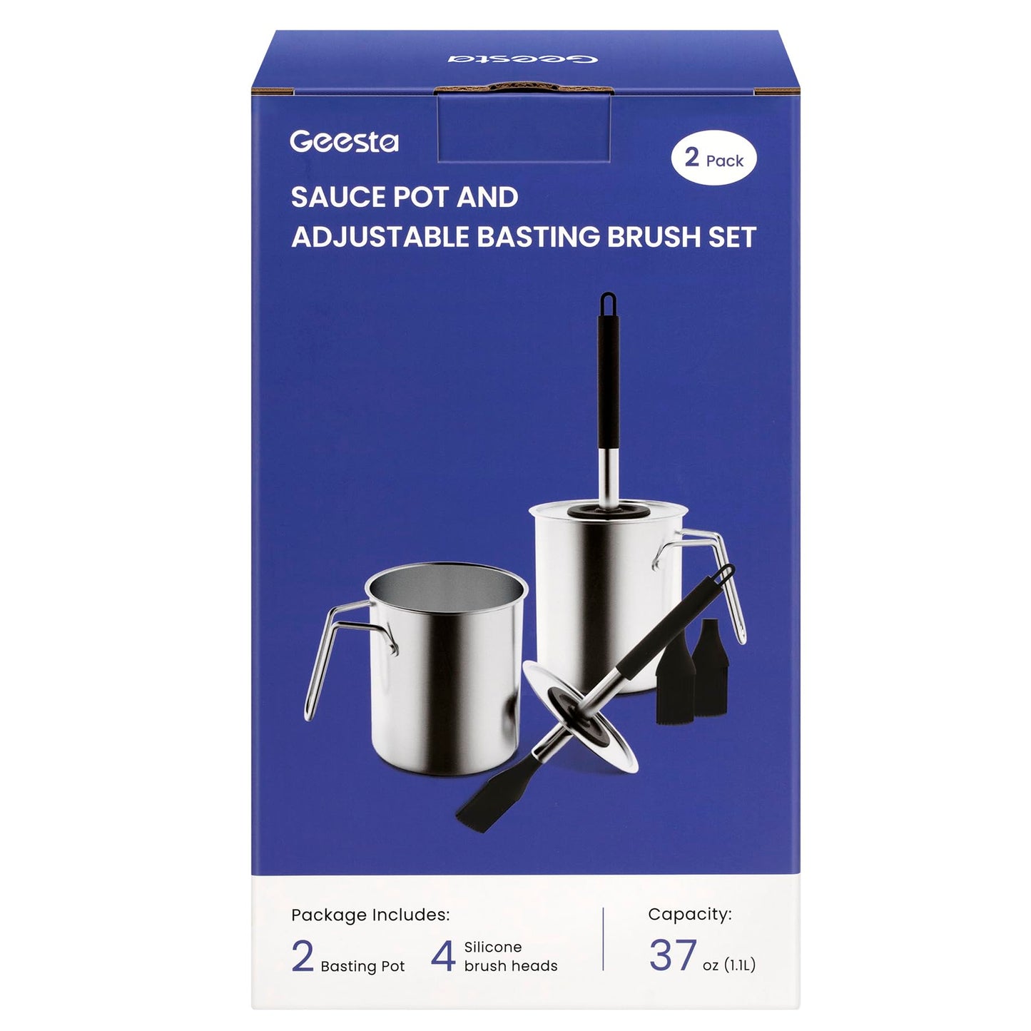 Geesta Adjustable Sauce Pot and Basting Brush Set, Long Stainless Steel Basting Brush for Cooking, Smoking, Fathers Day Grilling Gifts for Men Smoker Accessories, Large Capacity Grilling Tools, 2 Pack