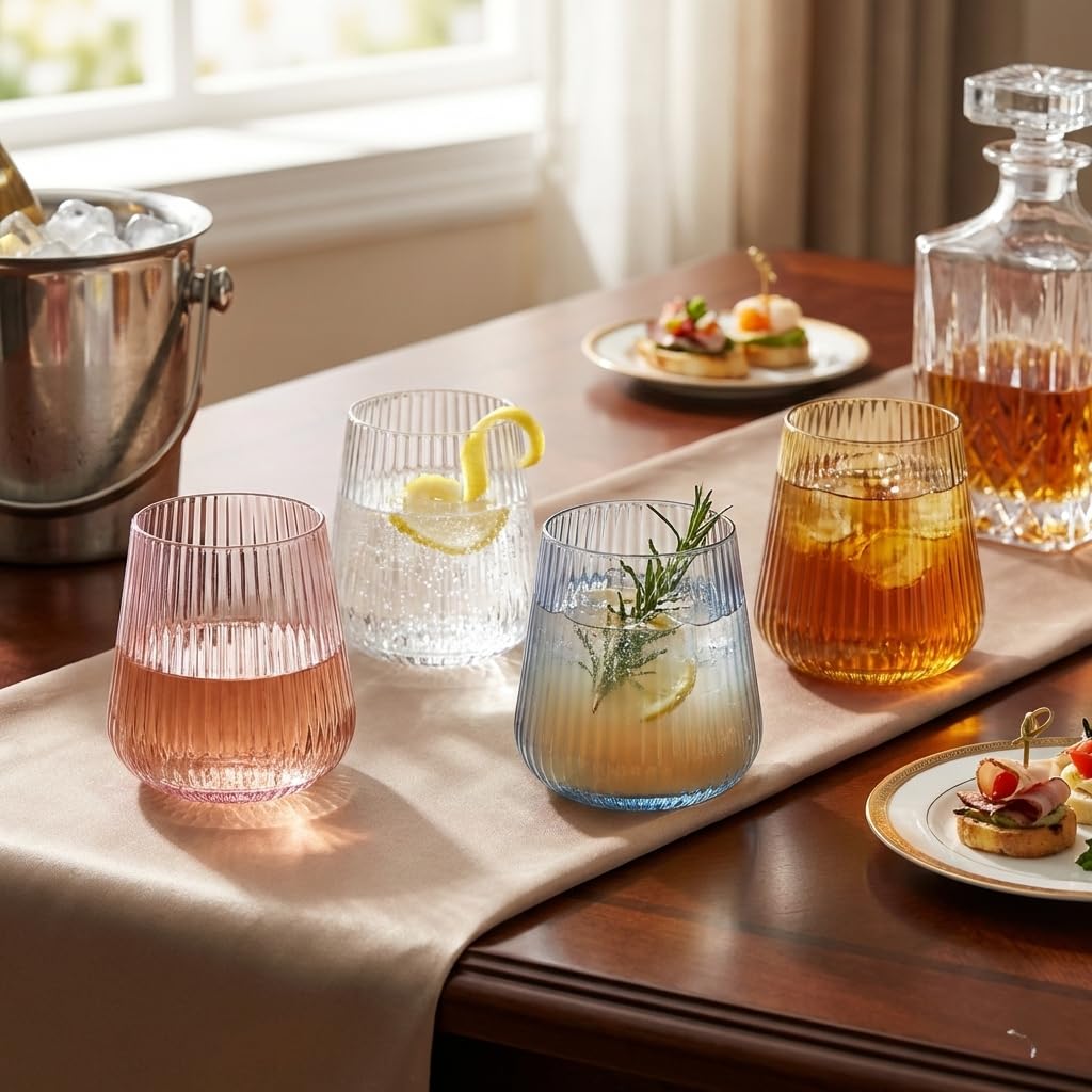 Lillian Clear Ribbed Stemless Plastic Wine Glasses, 12 oz – Elegant Shatterproof Disposable Wine Cups, Premium Hard Plastic Tumblers for Weddings, Parties & Special Events, 72 Pack