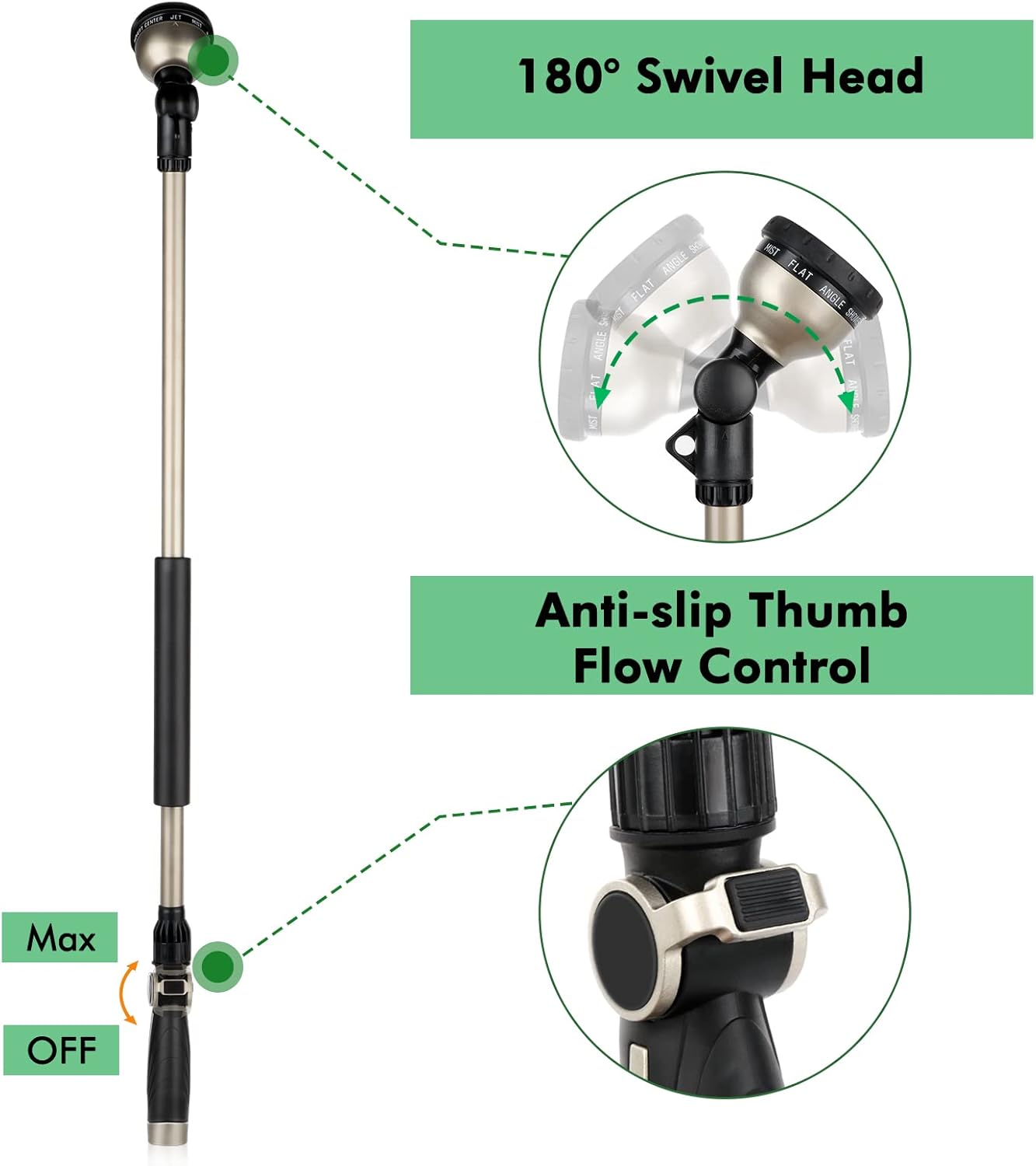 RESTMO 36” Watering Wand - Heavy Duty Metal Hose Wand with 180° Swivel Head & 10 Spray Patterns