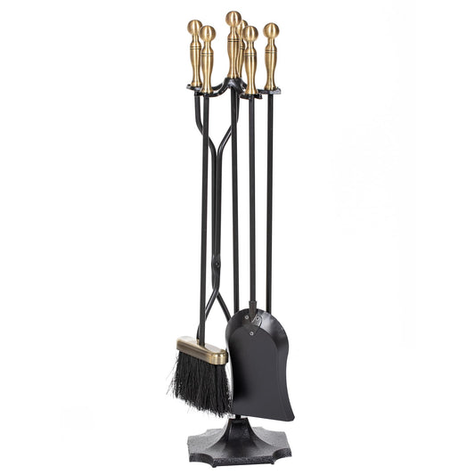nalone 5 Pieces Fireplace Tools Set, Brass Handles Wrought Iron Fireplace Accessories Set with Poker, Tong, Shovel, Brush, Fire Place Tools Indoor Outdoor (Antique Bronze)