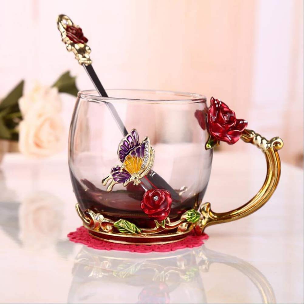 Tea Mug,Coffee Spoons,Glass Tea Cups,Coffee Cups Glass,Glass Mugs with Handles,Tea Lovers Gifts for Women,Butterfly Gifts for Women,Tea Sets for Women, Gift Ideas for Women. (Dwarf Red Rose Tea Cup)
