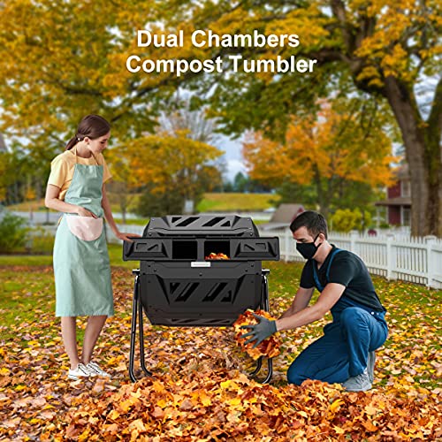 Black Compost Tumbler Bin with Dual Chambers 43 Gallon - Includes Gardening Gloves